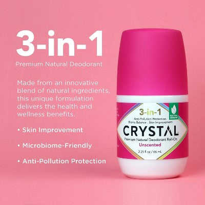 Crystal 3-in-1 Natural Mineral Roll-On Deodorant Unscented 2.25 fl oz - New This is Beauty US