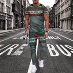 Men's Summer Tracksuit Stripe Print T-shirt Trousers Set Pi-Mart