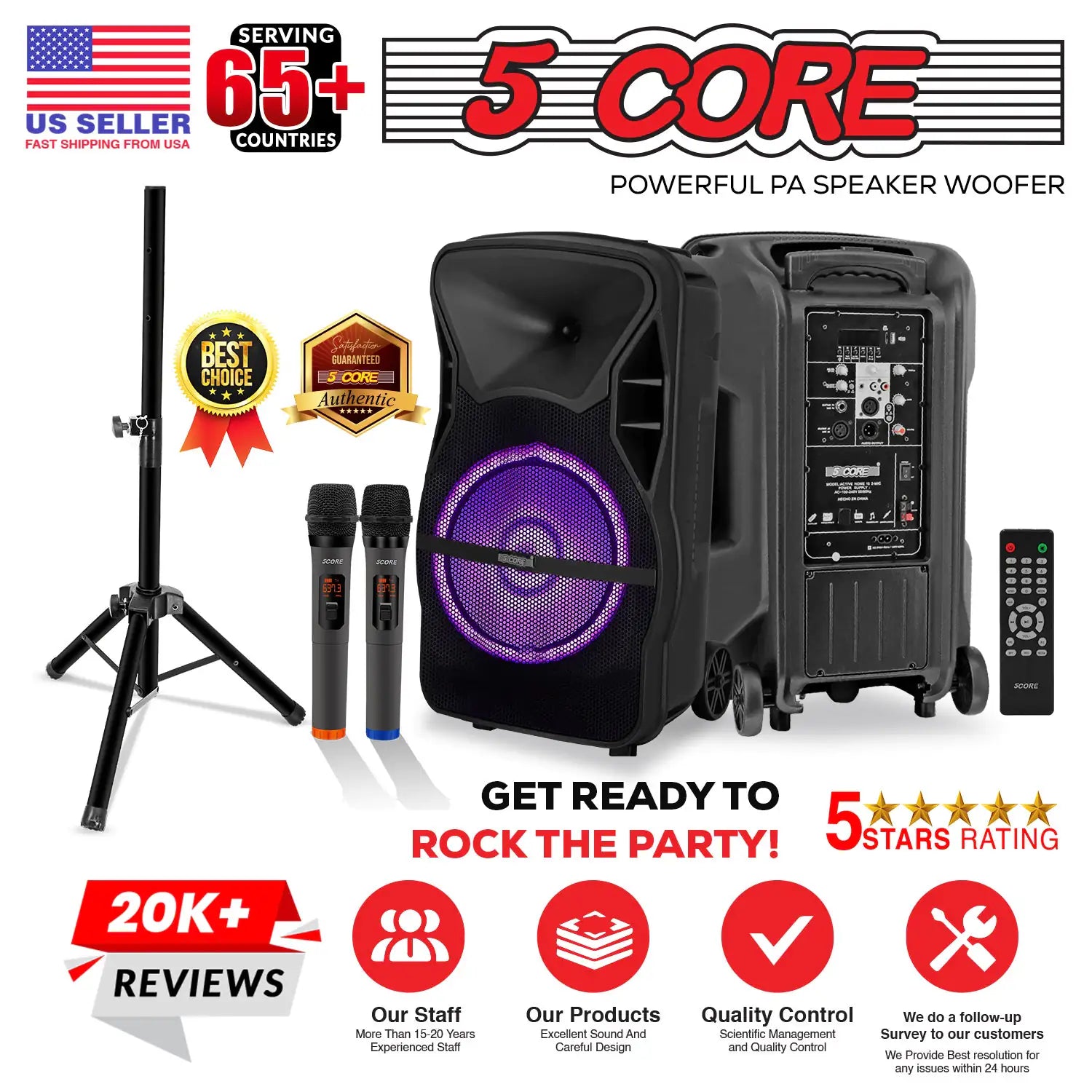 5Core 12 inch PA Portable Bluetooth Party Speaker Karaoke Boombox + 2 Wireless Mics Pi-Mart