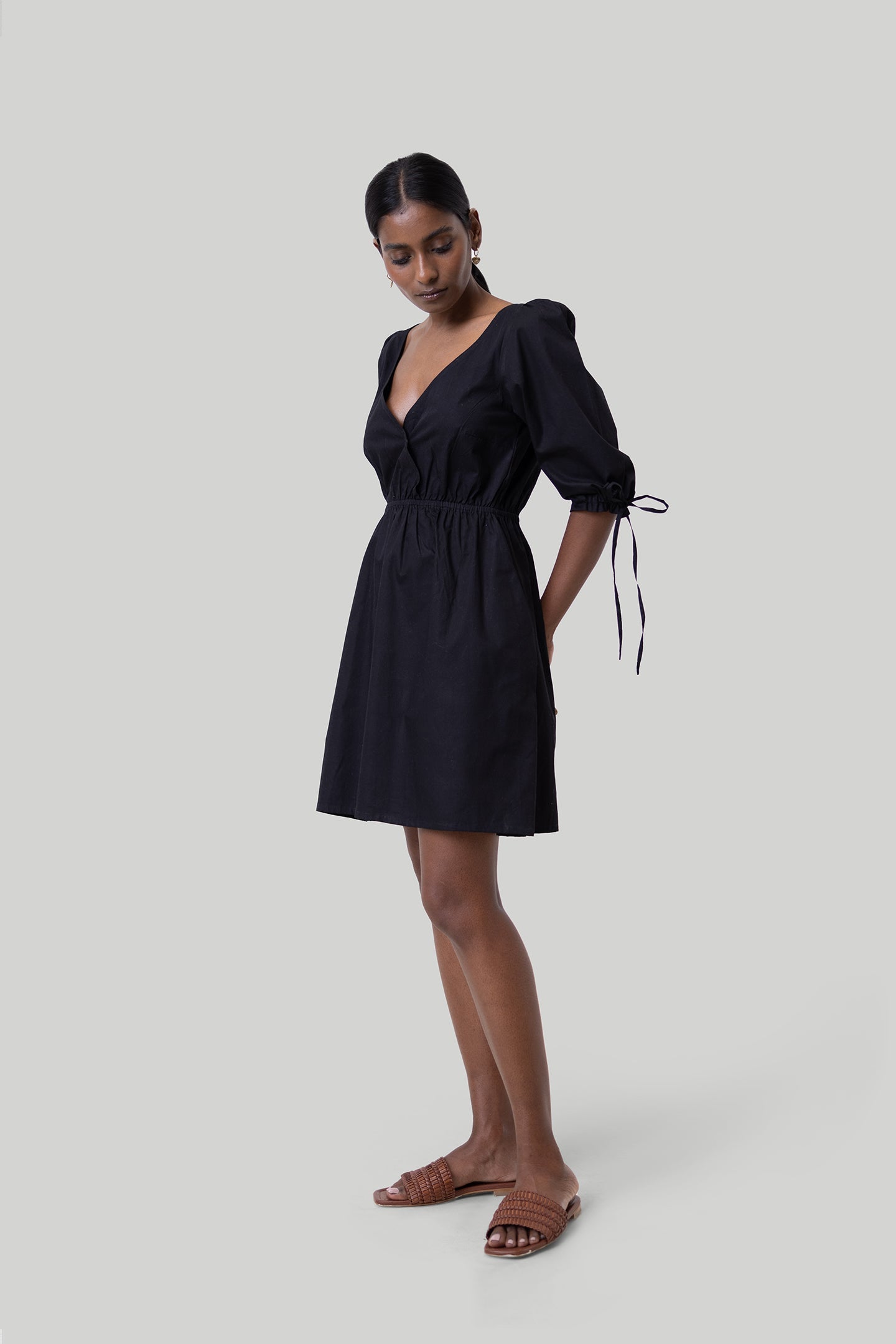 Gathered Elbow Sleeve Short Dress in Black Purplish Diva
