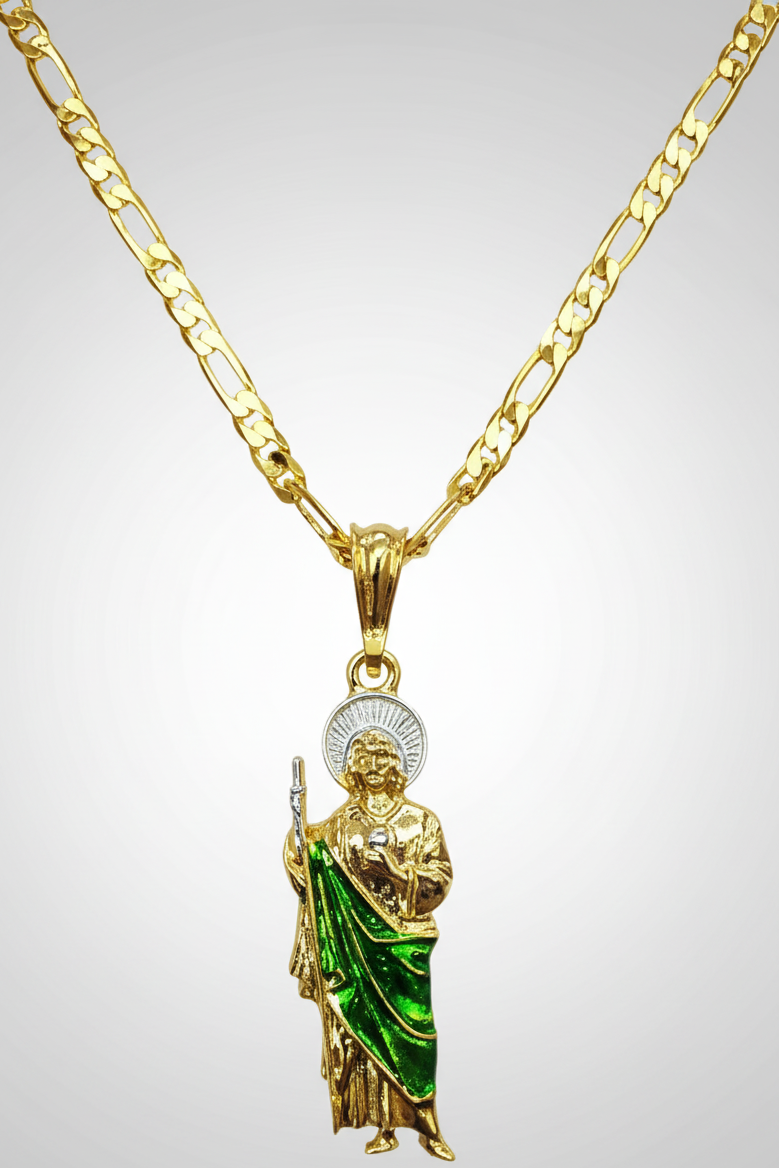 Saint Jude Tadeo Necklace 20" Figaro Chain 14K Gold Plated Cadena de San Judas Tadeo Medalla de San Juditas Oro Laminado Para Hombre Mujer Jewelry And Perfumes