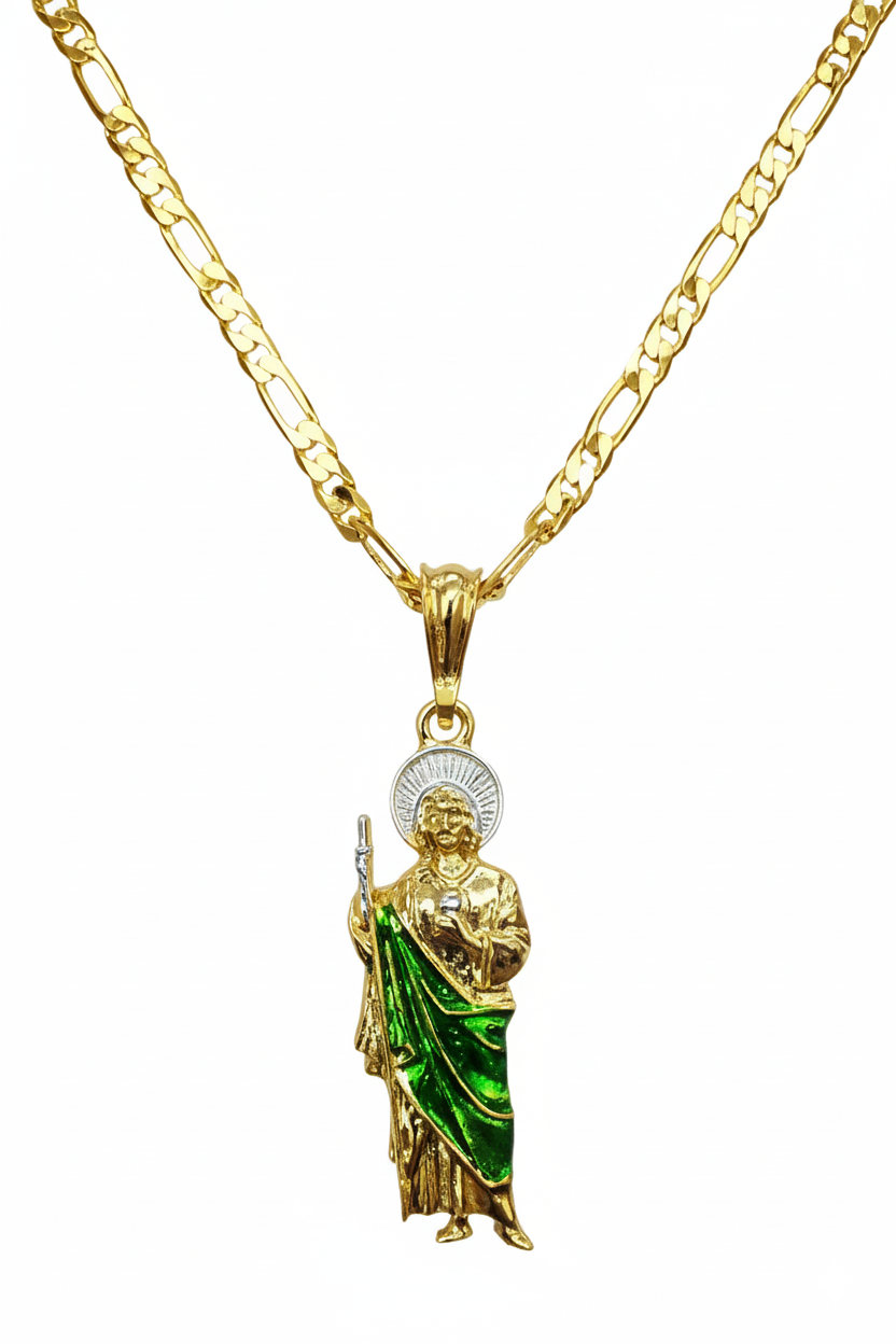 Saint Jude Tadeo Necklace 20" Figaro Chain 14K Gold Plated Cadena de San Judas Tadeo Medalla de San Juditas Oro Laminado Para Hombre Mujer Jewelry And Perfumes