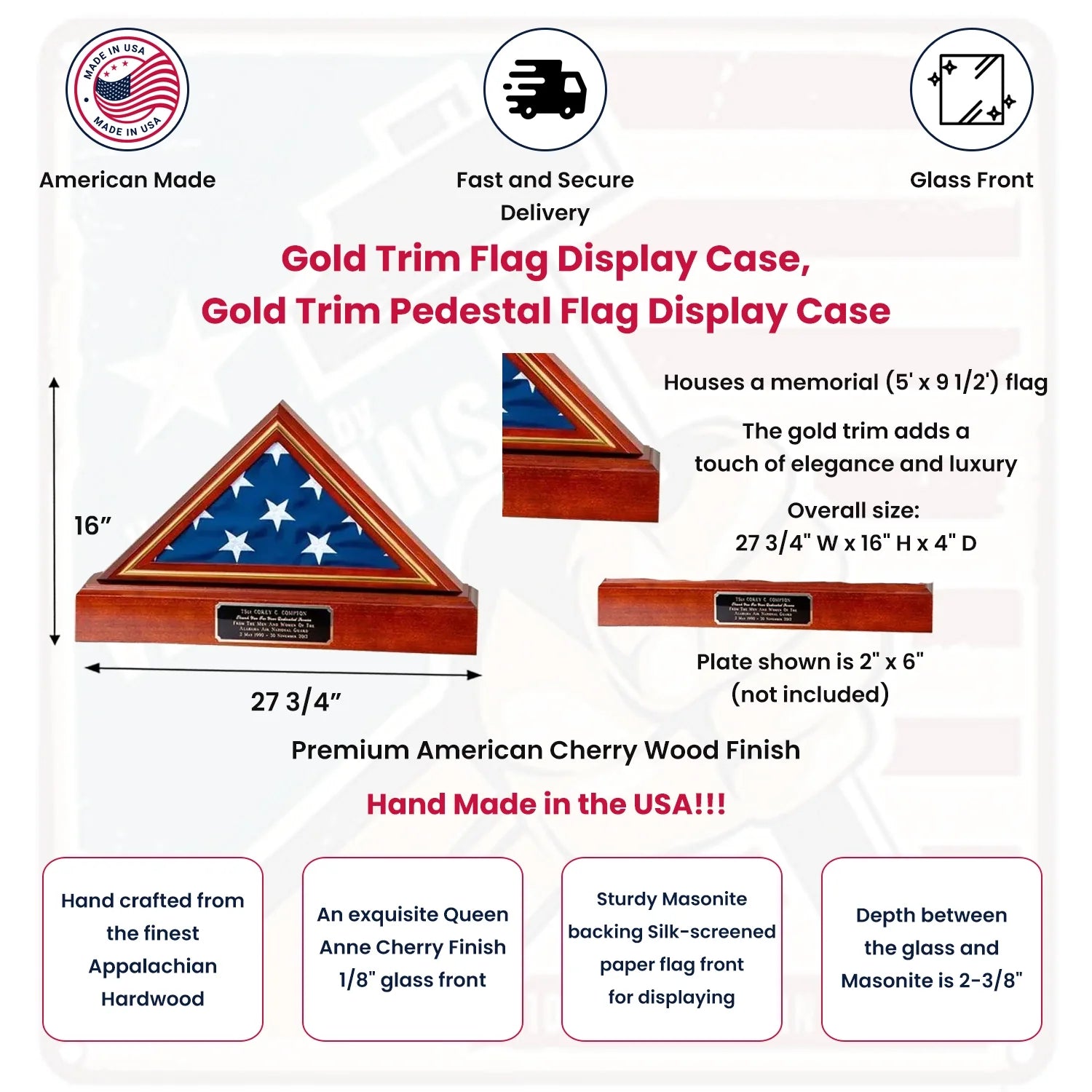 Gold Trim Flag Display Case, Gold Trim Pedestal Flag Display Case, Pedestal and Flag Case The Military Gift Store