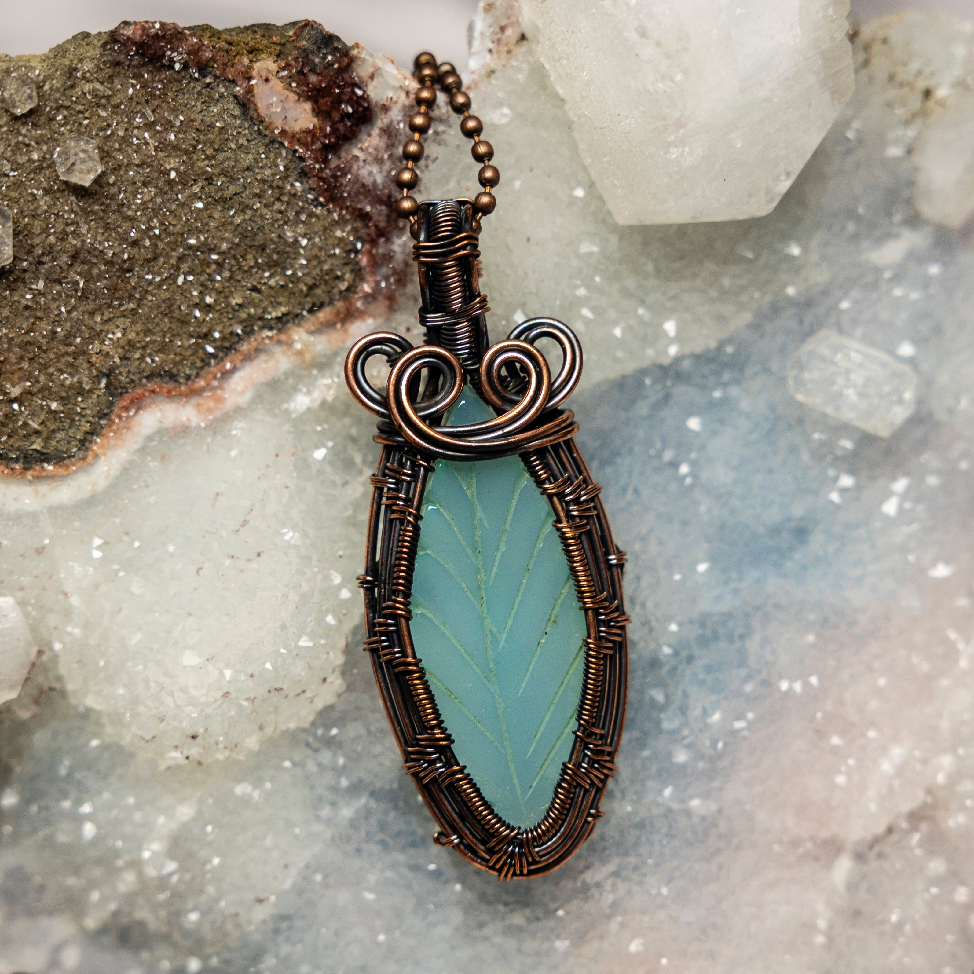 Green Chalcedony 'Leaf' Wire Wrap Crystal Pendant - SJB-DIAMOND ELITES