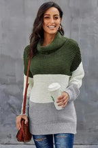 Green Gray Color Block Turtleneck Pullover Sweater - SJB-DIAMOND ELITES