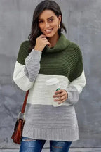Green Gray Color Block Turtleneck Pullover Sweater - SJB-DIAMOND ELITES