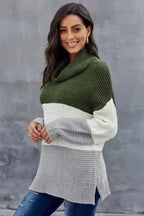 Green Gray Color Block Turtleneck Pullover Sweater - SJB-DIAMOND ELITES