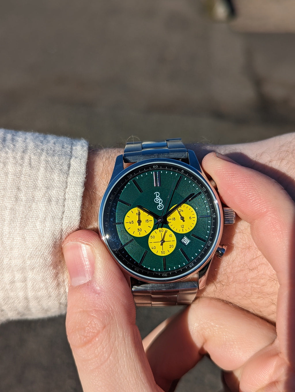 Green and Yellow Chronograph The Beyond Boring Watch Company