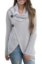 Grey Button Wrap Cowl Neck Sweater - SJB-DIAMOND ELITES