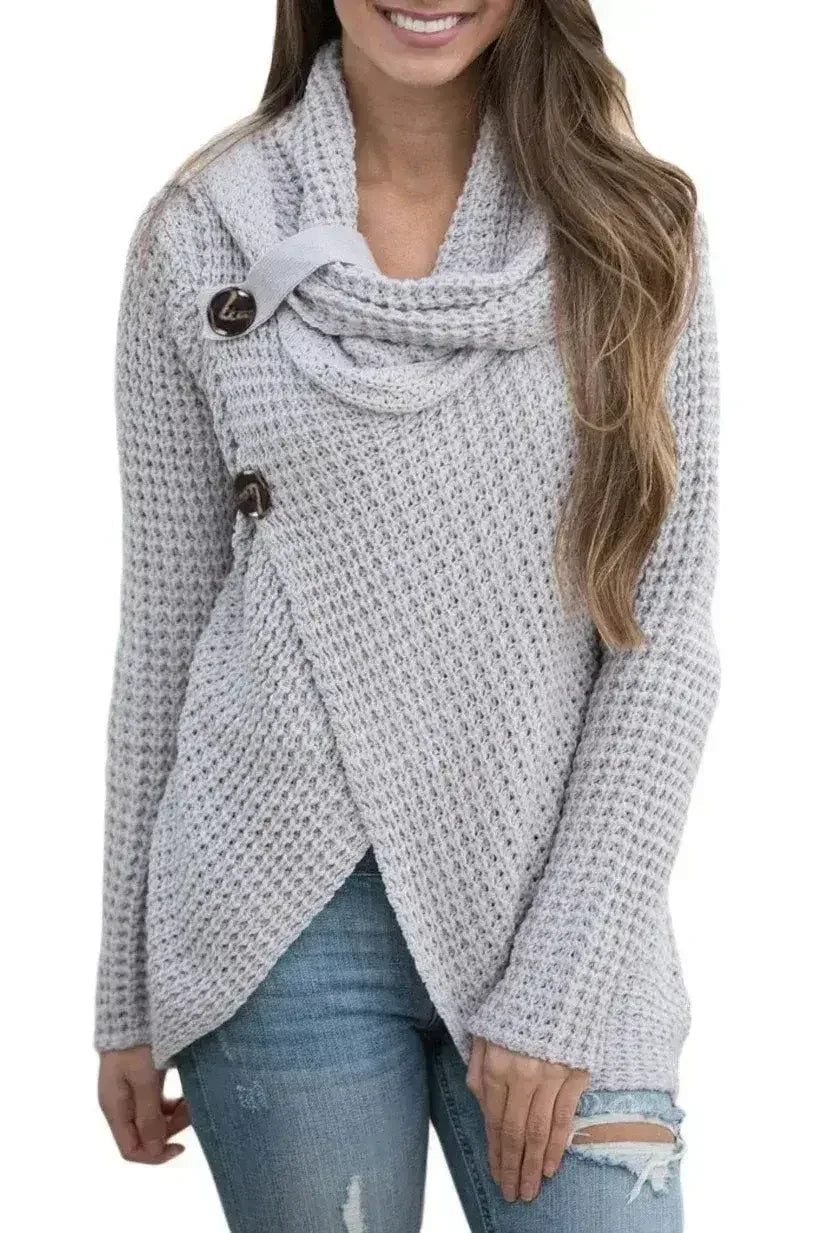 Grey Button Wrap Cowl Neck Sweater - SJB-DIAMOND ELITES