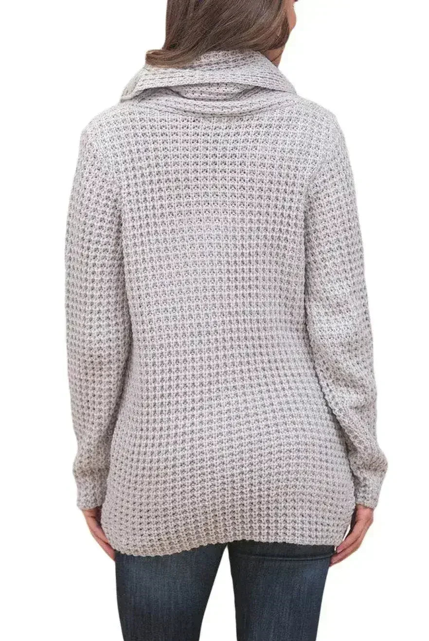 Grey Button Wrap Cowl Neck Sweater - SJB-DIAMOND ELITES