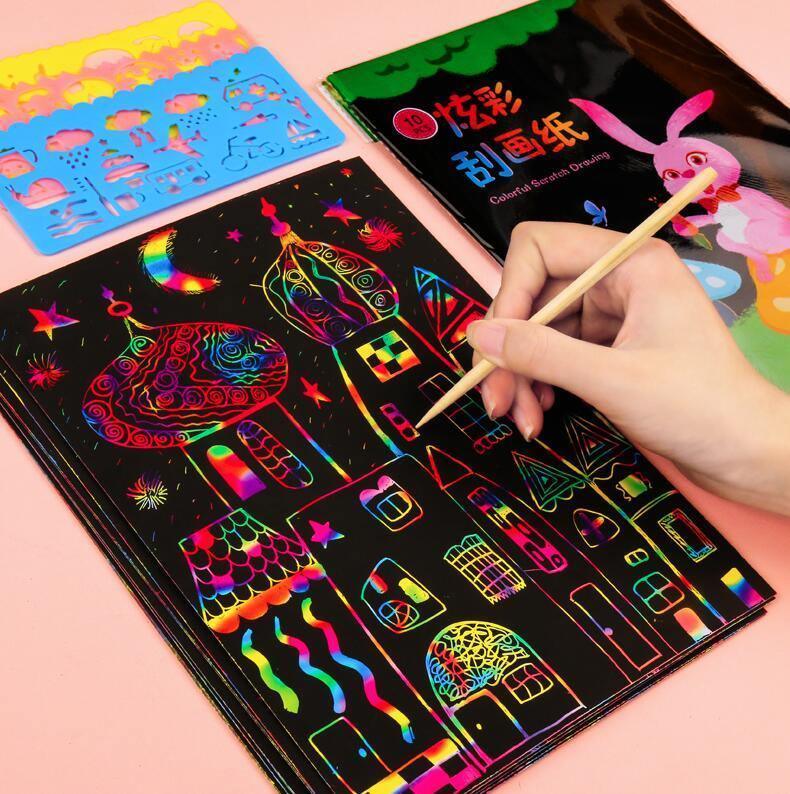 Magic Rainbow Color Scratch Art Paper Card Set With Graffiti Stencil Drawing Board Stick Art Painting Educational Toys - SJB-DIAMOND ELITES