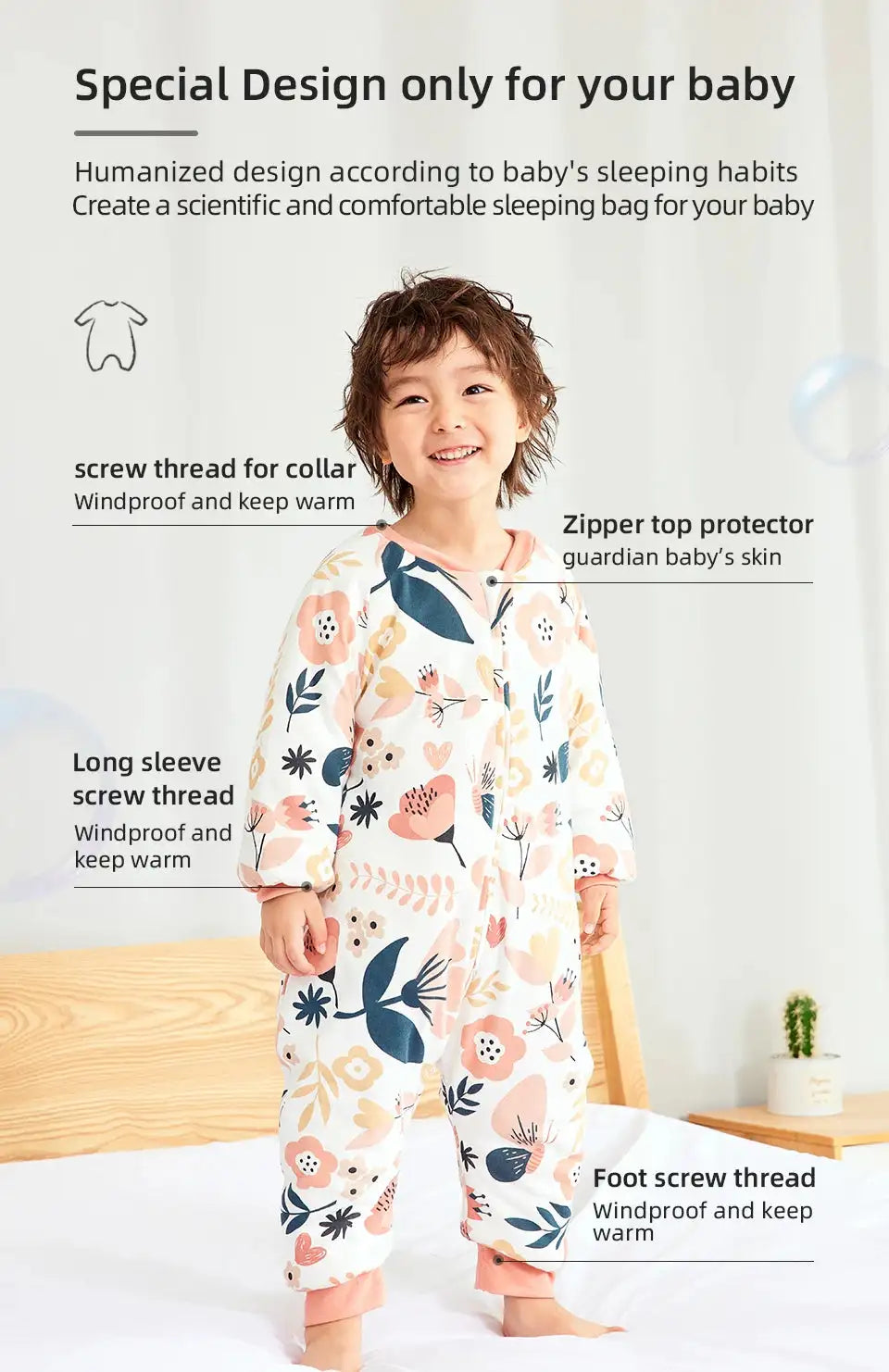 Baby Sleeping Bag Cute Flowers Print Toddler Sleepwear Walk Play Pajamas 2.5Tog Thick Winter Keep Warm Sleepsack 1-4 Years