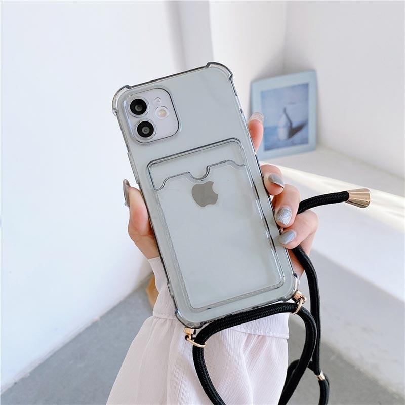 Transparent Wallet Case for iPhone 13 12 11 Pro Xs Max Shockproof Card Crossbody Lanyard Rope Strap Cover Transparent Soft Case Necklace Phone Cover Colorful Case & Adjustable Strap Stevvex