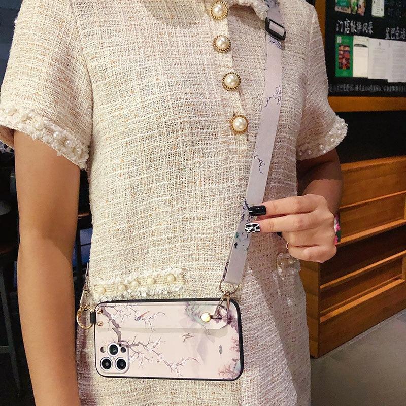 Ultra Luxury Case Cute Flower Design with Ring Kickstand Soft Crossbody Phone Cover for iPhone 13 14 Pro Max Case Fashion Crossbody Shoulder Strap Flower Leaf Phone Holder Cover for iPhone 12 11 X XR XS 7 8 Plus Stevvex