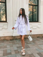 Women's V-Neck Kimono Cardigan Mini Dress Cotton Linen Long Sleeve Sashes Dresses Robe Style Lace Up Summer Loose Vestidos