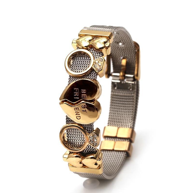 Two-tone Stainless Steel  Bracelets For Women Men Golden Love Heart Beaded  Ribbon  Bracelet & Bangle Gifts - SJB-DIAMOND ELITES