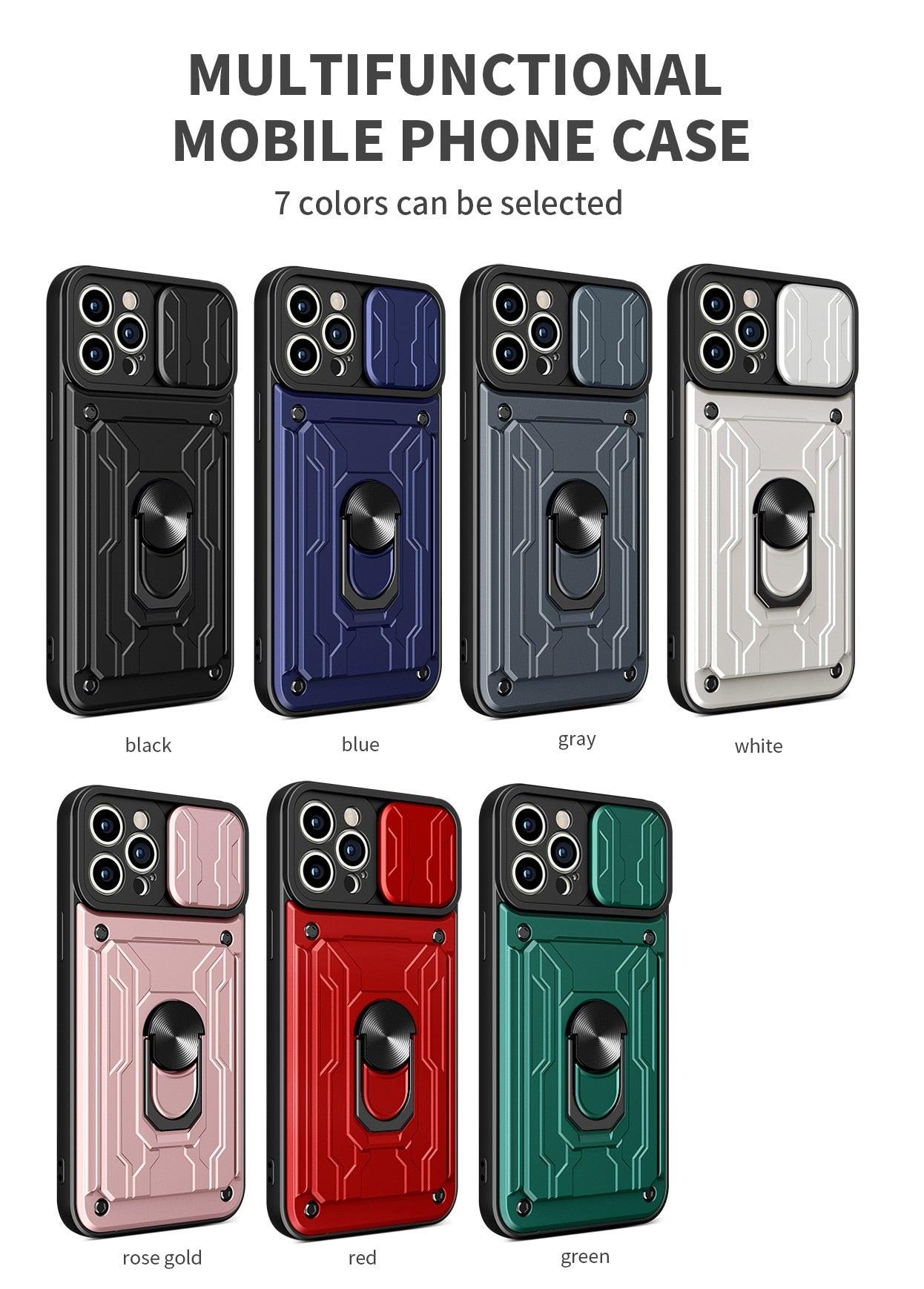 Heavy Duty Armor Case Card Pocket for iPhone 11 Pro 7 8 Plus Magnetic Phone Holder Cover Slide Lens Protection Design Card Holder Slot With Rotating Ring Armor Bumper Shockproof Case Stevvex