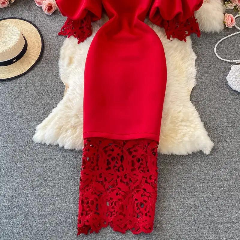 Sexy Hollow Out Lace Bodycon Long Dress Women Elegant Red/Pink/White Off Shoulder Patchwork Maxi Party Vestidos 2021 Autumn New