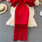 Sexy Hollow Out Lace Bodycon Long Dress Women Elegant Red/Pink/White Off Shoulder Patchwork Maxi Party Vestidos 2021 Autumn New