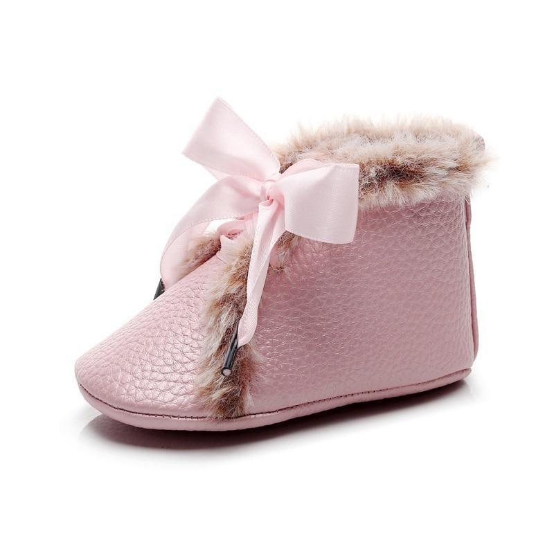Baby PU Boots Winter Anti-slip Warm First Walkers Soft Soled Booties Toddler Bowknot Lace-up Shoes Stevvex
