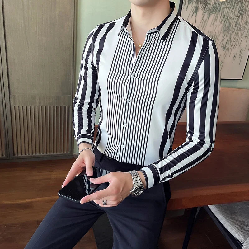 British Style Striped Shirts Mens Long Sleeve Business Formal Dress Shirt Casual Slim Fit Dress Streetwear Social Party Clothing Lootquake LLC