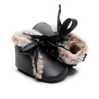 Baby PU Boots Winter Anti-slip Warm First Walkers Soft Soled Booties Toddler Bowknot Lace-up Shoes Stevvex