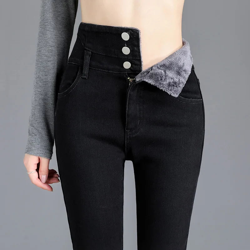 Thermal Winter Thick Fleece High-waist Warm Skinny Jeans Thick Women Stretch Button Pencil Pants Mom Casual Velvet Jeans Lootquake LLC
