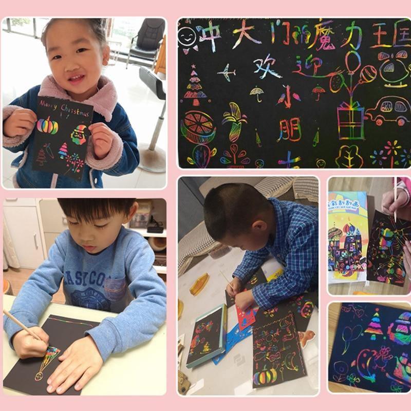 Magic Rainbow Color Scratch Art Paper Card Set With Graffiti Stencil Drawing Board Stick Art Painting Educational Toys - SJB-DIAMOND ELITES