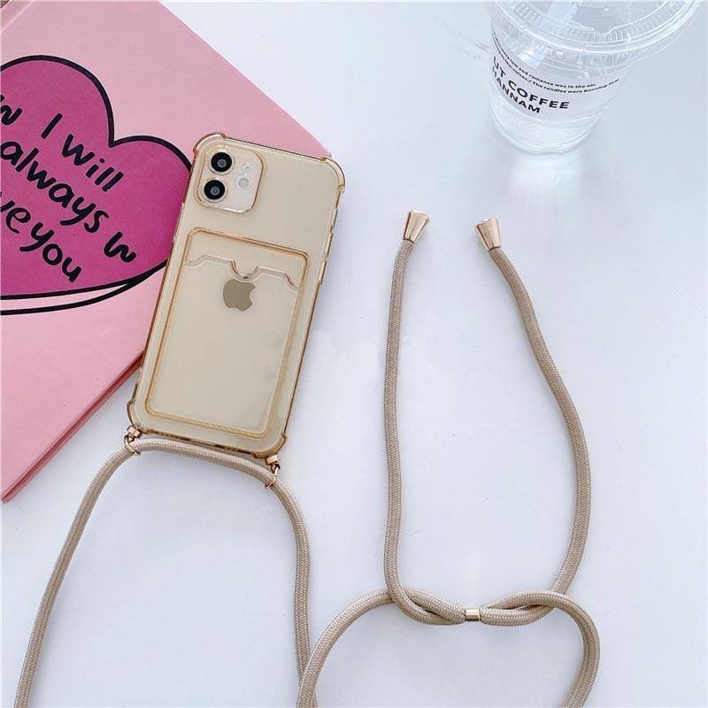 Transparent Wallet Case for iPhone 13 12 11 Pro Xs Max Shockproof Card Crossbody Lanyard Rope Strap Cover Transparent Soft Case Necklace Phone Cover Colorful Case & Adjustable Strap Stevvex