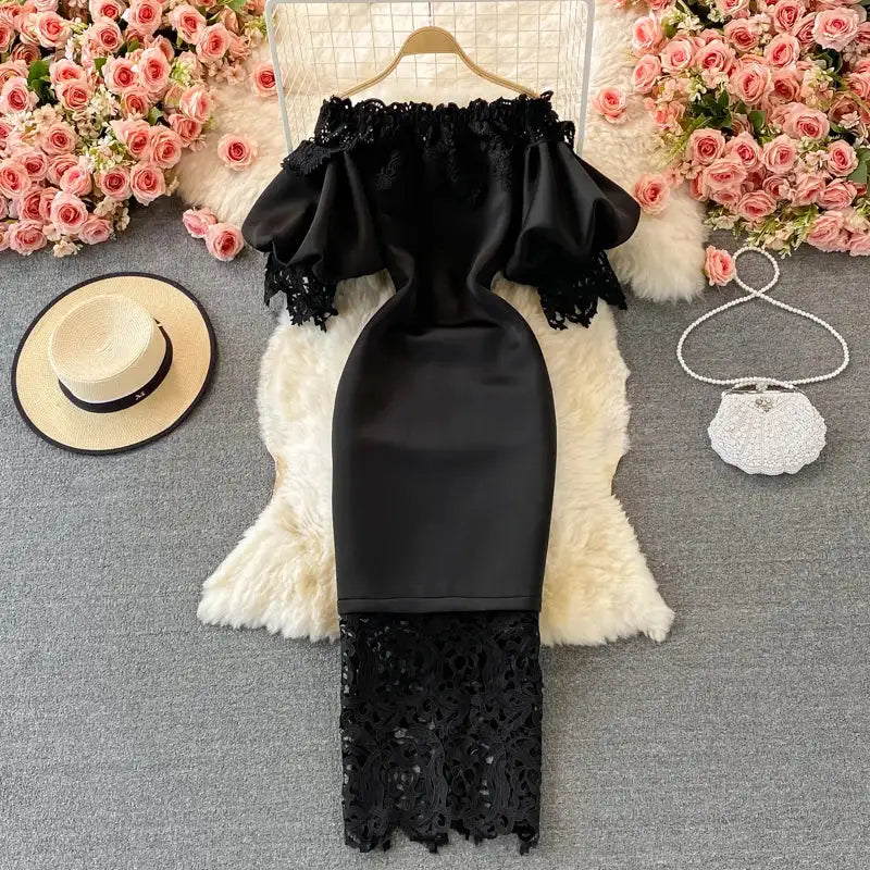 Sexy Hollow Out Lace Bodycon Long Dress Women Elegant Red/Pink/White Off Shoulder Patchwork Maxi Party Vestidos 2021 Autumn New