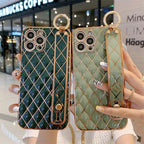 Luxury Blue Pink Gold Color Plating Soft Case Cell Phone Case For iPhone 11 12 13 Pro Max XS Max XR X 8 7 Plus Luxury Wrist Strap Plating Frame Geometric Soft Covers Bumper Iphone Case Stevvex