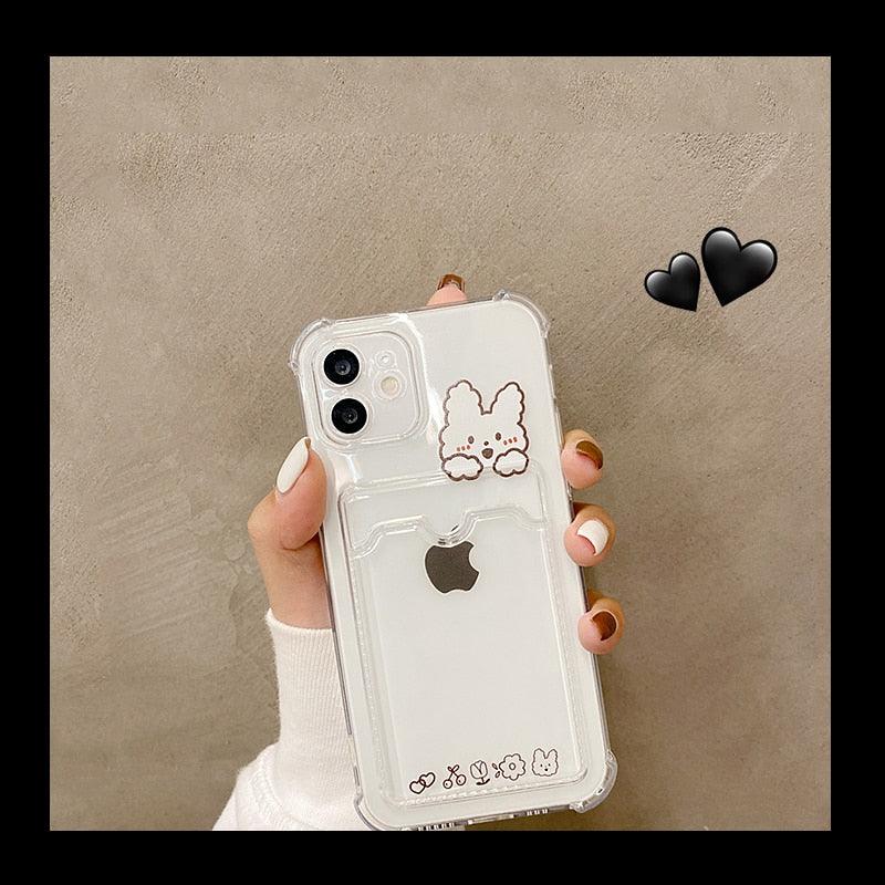 Cute Bear Cartoon Rabbit Shockproof Phone Case For iPhone 11 12 13 14 Pro Funny Soft Wallet Cover Cute Bear Design Soft Slim Card Slot Case Aesthetic Card Holder Case Stevvex