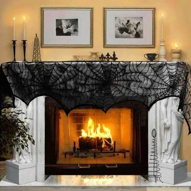 Halloween Decoration Lace Spider Web Skeleton Skull Tablecloth Black Fireplace Mantel Scarf Event Party Decoration Supplies Lootquake LLC