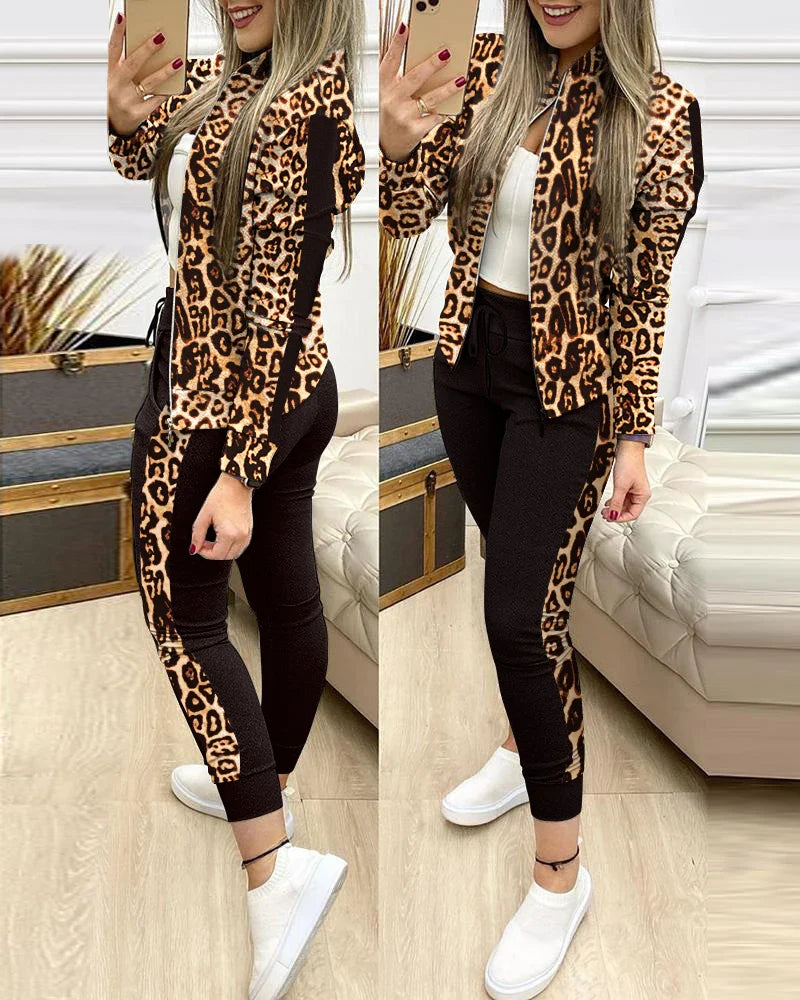 Leisure Sports Zipper Top Coat Pants 2 Two Pieces Sets