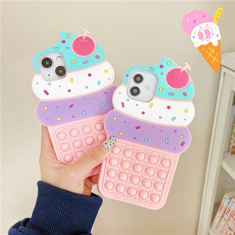 3D Delicious Cherry Ice Cream Silicone Phone Case For iphone 13 12 11 Pro Max Xs Xr 7 8 Plus X Se finger bubble game soft cover 3D Cartoon Cupcake Shape Soft Silicone Full Protection Shockproof Case Stevvex