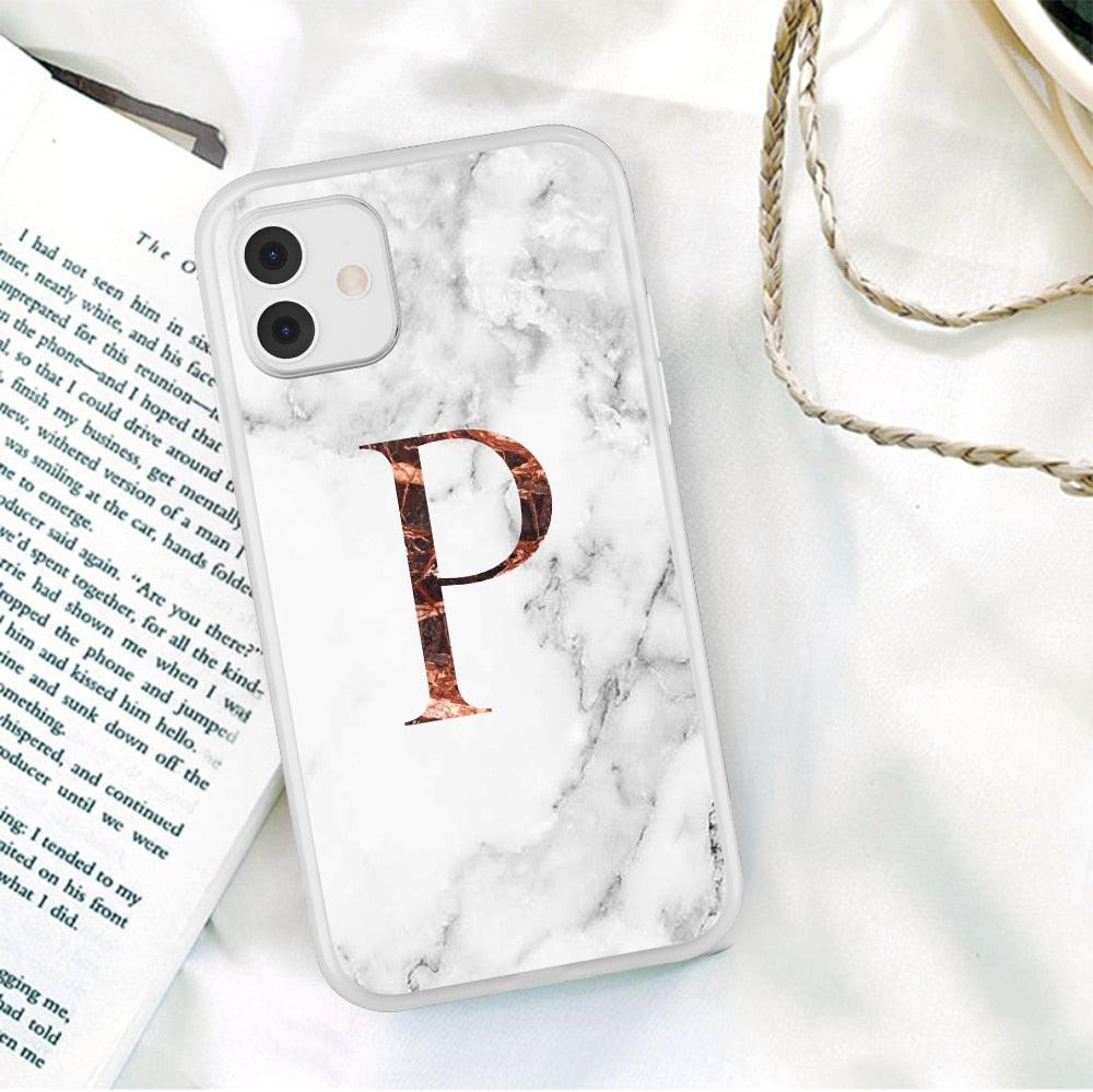 White A-Z Marble Texture Phone Cover For Iphone 12 Mini Soft Silicone Back Case Solid Name Phone Case Luxury Screen Camera Protection Shockproof Soft Cover Stevvex