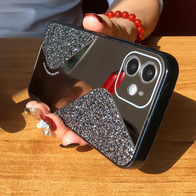 Women Luxurious Glitter Makeup Mirror Phone Case For iPhone 12 11 Pro MAX X XS XR 8 7 Plus Luxury Silicone Shockproof Cover Fixed Non Moving Sparkling Shining Glitter Stars Soft Silicone Case Stevvex