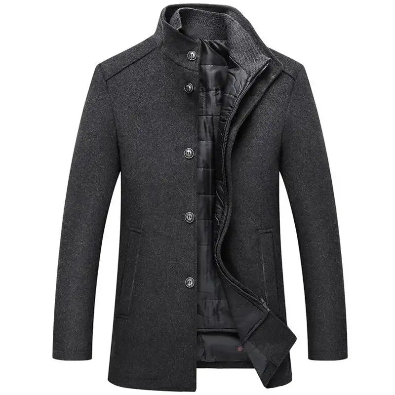 Woolen Coat Men Winter Windbreaker Long Thick Wool Jackets abrigo hombre Man Stand Collar Single Breasted With Vest Woolen Coats
