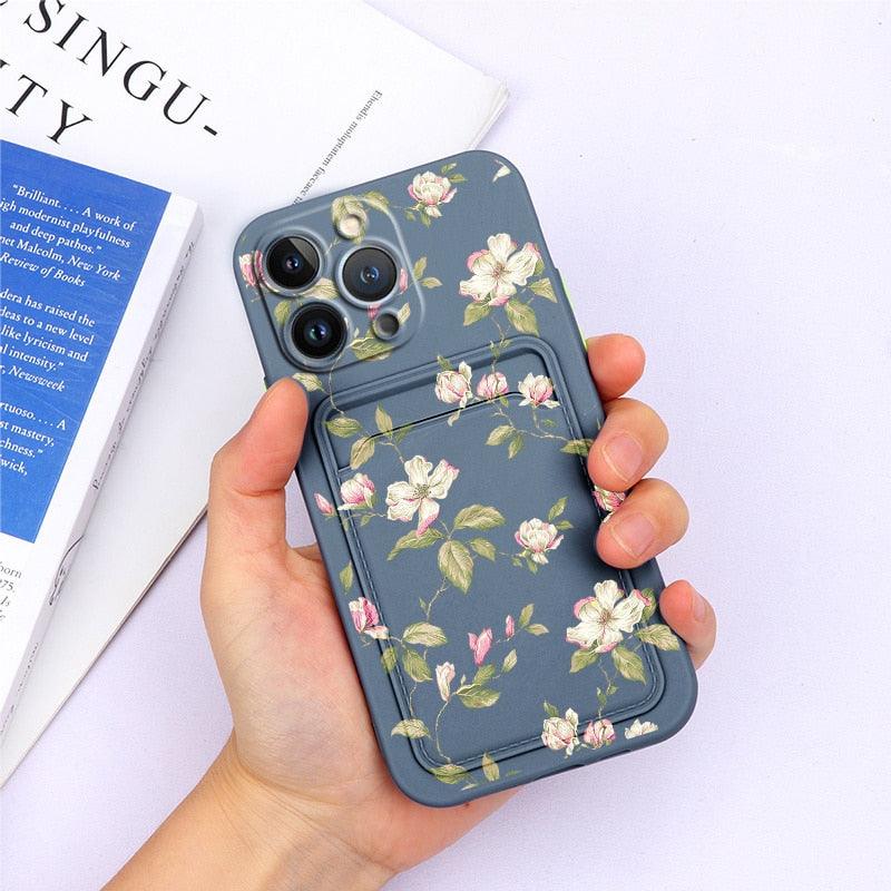 Charming Silicone Soft Anti-Scratch Cases For iPhone 13 Pro Max Case Silicone Wallet Card Holder Cover For iPhone 13 Mini 13ProMax 13Pro Flower Butterfly Beautiful Design Card Holder iPhone Case Stevvex