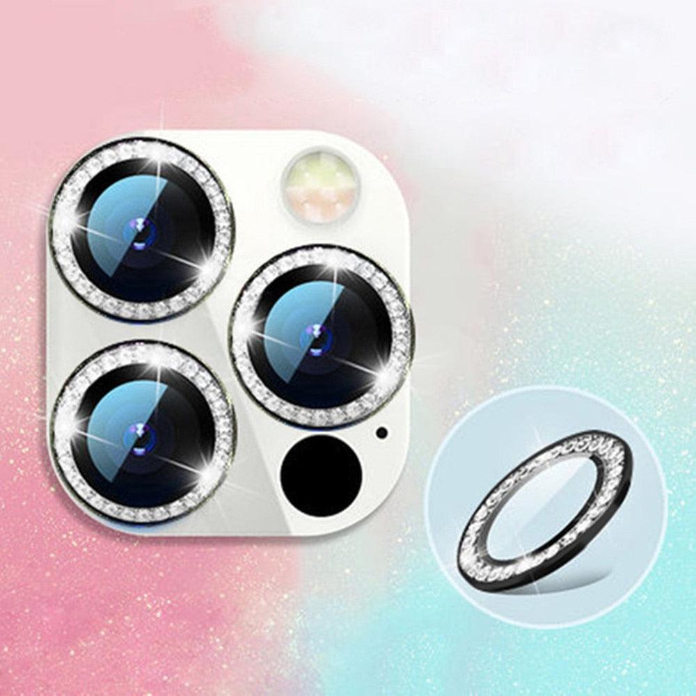 2023 New Diamond Bling Metal Ring Glass Protective Cap For iPhone 14 13 12 11 Pro Max Mini Camera Lens Circle Protector Paste Tempered Glass Camera Cover Camera Lens Protector Stevvex