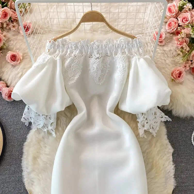 Sexy Hollow Out Lace Bodycon Long Dress Women Elegant Red/Pink/White Off Shoulder Patchwork Maxi Party Vestidos 2021 Autumn New