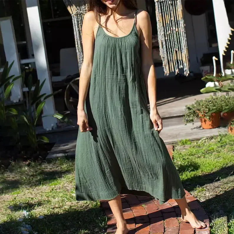 Casual 100% Cotton Summer Women's Long Dress Loose Solid Sleeveless Backless Streetwear Elegant  Female Dress Vestidos Robe Lootquake LLC