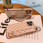Luxury Blue Pink Gold Color Plating Soft Case Cell Phone Case For iPhone 11 12 13 Pro Max XS Max XR X 8 7 Plus Luxury Wrist Strap Plating Frame Geometric Soft Covers Bumper Iphone Case Stevvex