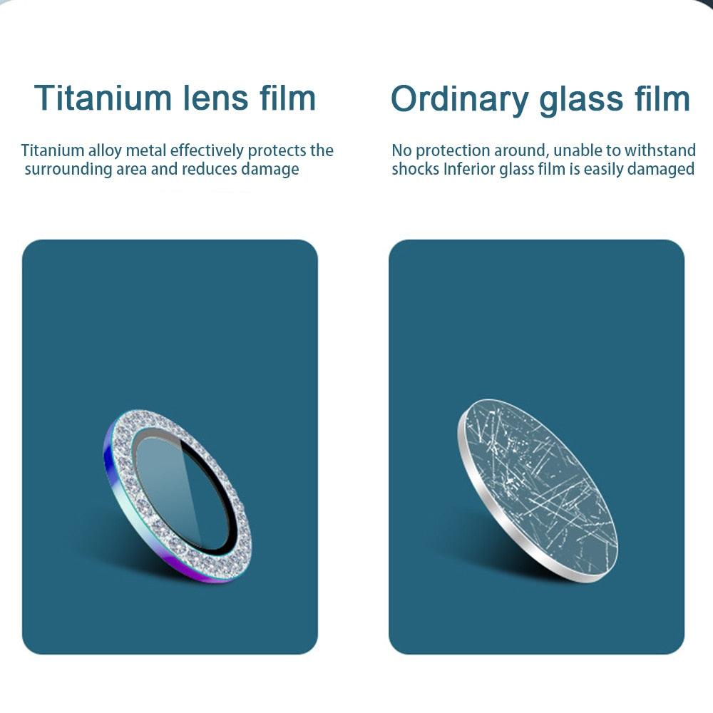 2023 New Diamond Bling Metal Ring Glass Protective Cap For iPhone 14 13 12 11 Pro Max Mini Camera Lens Circle Protector Paste Tempered Glass Camera Cover Camera Lens Protector Stevvex