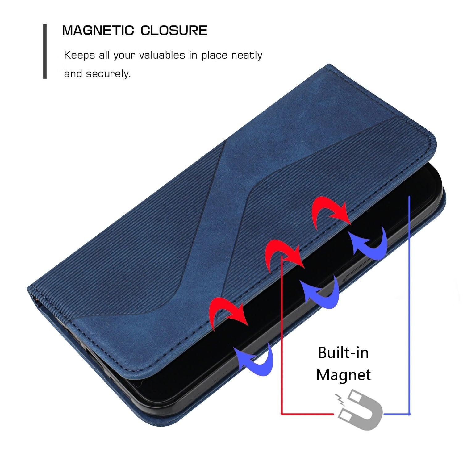 Luxury Blue Flip Wallet Case For iPhone 14 13 12 Mini Plus 11 Pro Magnetic Cards Phone Cover Magnetic PU Leather Phone Case Classic S-shaped Simple Flip Wallet Cover Stevvex