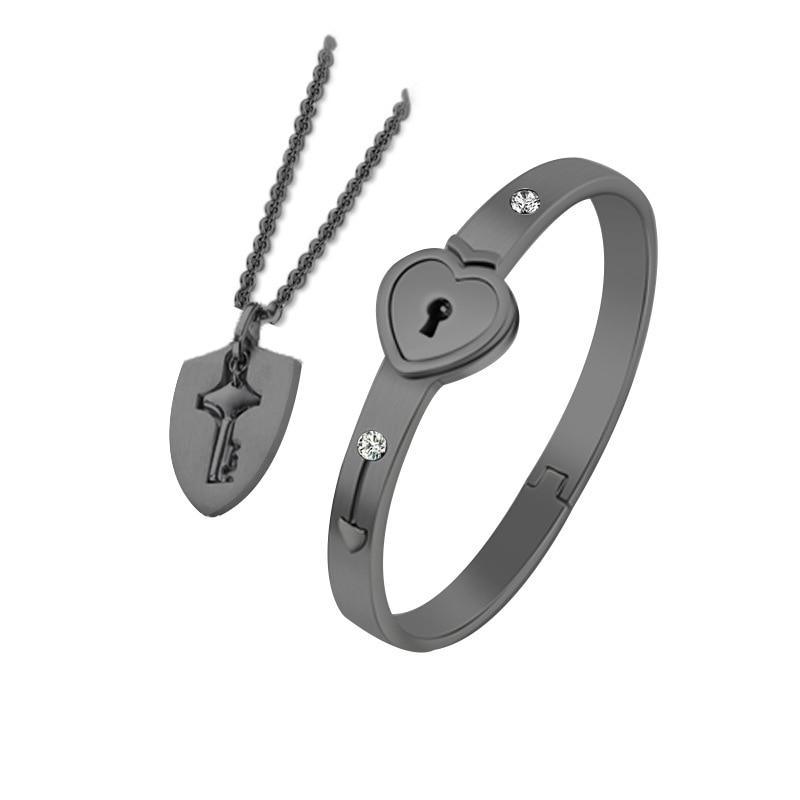 Fashion Concentric Lock Key Titanium Steel Stainless Steel Luxury Jewelry Bracelet and Necklace Couple Sets For Women - SJB-DIAMOND ELITES