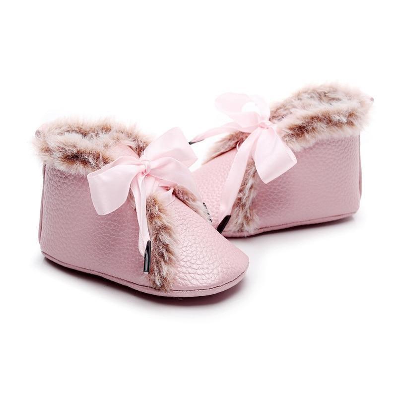 Baby PU Boots Winter Anti-slip Warm First Walkers Soft Soled Booties Toddler Bowknot Lace-up Shoes Stevvex