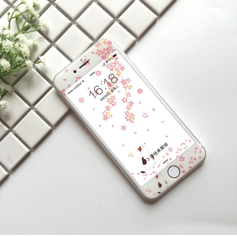 Flowers Cartoon Screen Protector For iPhone 13 12 11 Pro Max Soft Edge Tempered Glass on For iPhone XS MAX XR 7 8 PLUS Lovely Easy Installation Frame 9H Hardness Full Coverage Bubble Free Cute Lovely Cherry Blossom Design Glass For iPhone Stevvex