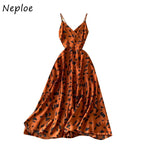 Neploe Vintage Print Holiday Long Dress Women High Waist Hip A Line Vestidos Summer 2025 New V Neck Sleeveless Camis Robe Slim